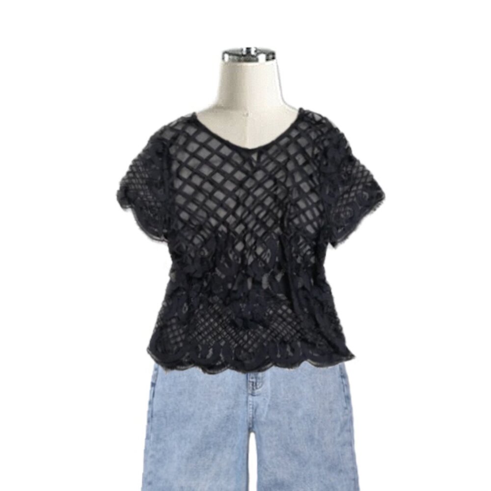 black sheer scallop guipure lace trim cutout short sleeve blouse with cami top